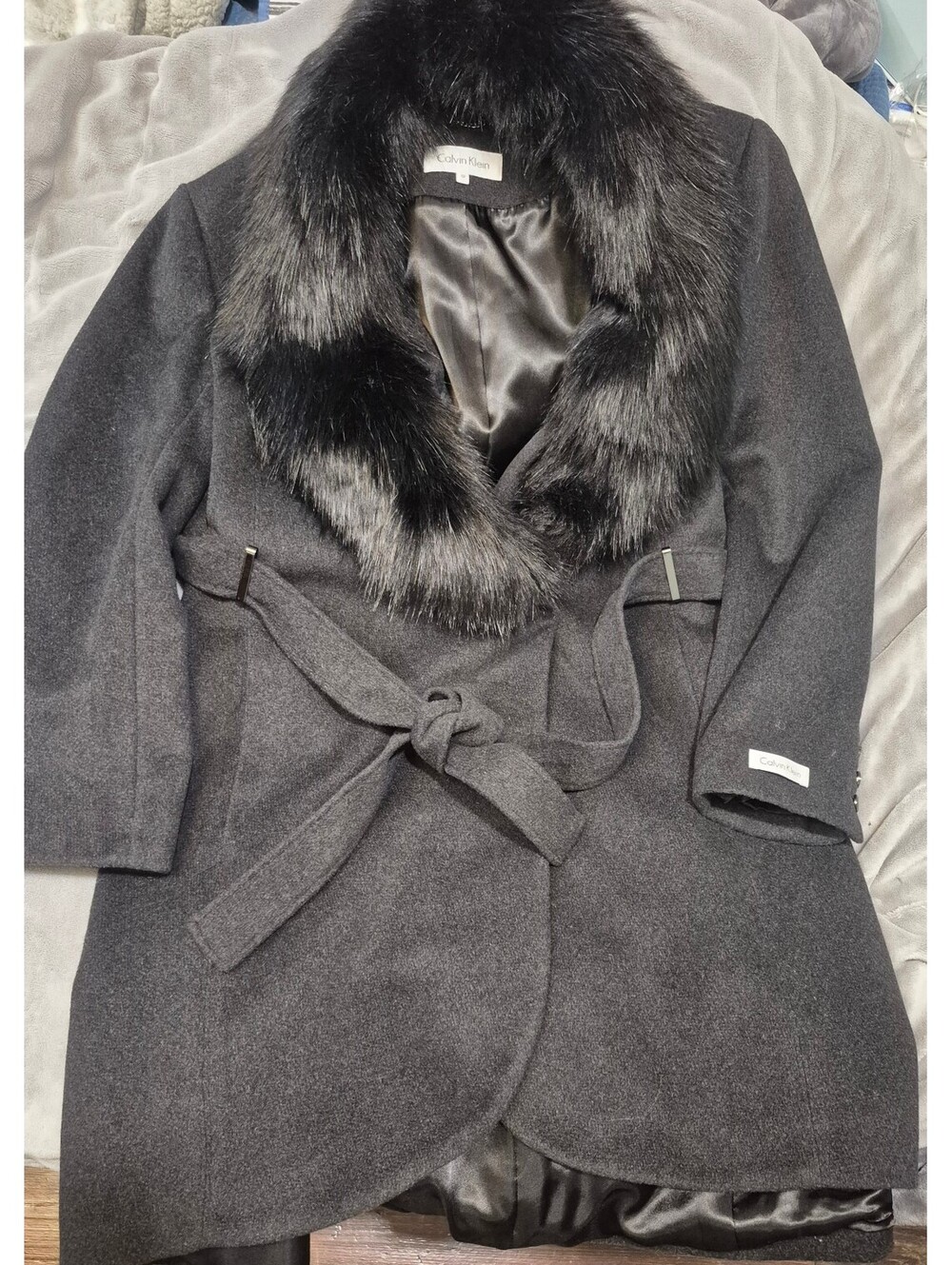 Calvin Klein Grey Wool Coat with removable collar 3xl
